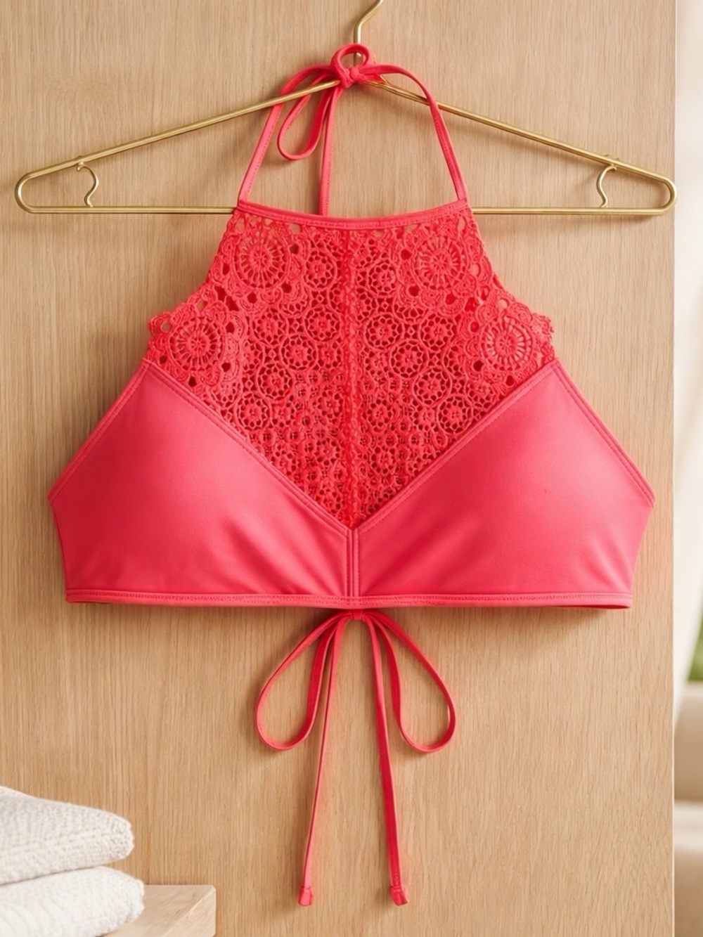 aerie Coral Pink Crochet High-Neck Bikini Top